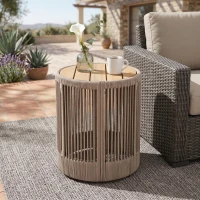 Outdoor Side Table with Rope-Wrapped Iron Frame, Sturdy End Table with Rustic-Modern Design, 15" L x 15" W x 18.5" H, Beige+Natural+Teak(m-4)
