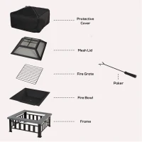 Outsunny 34" Outdoor Fire Pit Square Steel Wood Burning Firepit Bowl with Spark Screen, Waterproof Cover, Log Grate, Poker for Backyard, Camping, BBQ, Bonfire(m-8)