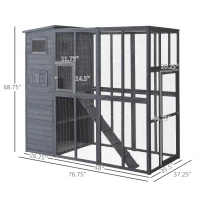 PawHut Large Cat House Outdoor Catio Wooden Feral Cat Shelter, Kitten Enclosure with Door, Cat Condo and Weather Protection Asphalt Roof, 77" L, Gray(m-3)