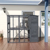 PawHut Large Cat House Outdoor Catio Wooden Feral Cat Shelter, Kitten Enclosure with Door, Cat Condo and Weather Protection Asphalt Roof, 77" L, Gray(m-10)