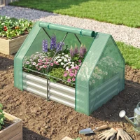 Outsunny Steel Outdoor Raised Garden Bed with Greenhouse,Cover, Roll Up Door, Dual Use, 50"x37.4"x36.2", Green(m-15)