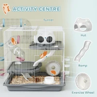 PawHut 3-Tier Hamster Cage, Portable Gerbil Cage with Exercise Wheels, Water Bottle, Food Dish, for Dwarf Hamsters, Mouse, Grey(m-5)