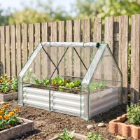 Outsunny Steel Raised Garden Bed with Cover and Roll Up Door, Dual Use, 50"x37.4" Outdoor Greenhouse, Clear(m-1)