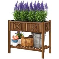 Outsunny Wooden Raised Garden Bed, Elevated Planter Box with Storage Shelf, Drainage Holes and Liner, 34"x18"x30", Carbonized(m-2)