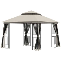 Outsunny 10'x10' Soft-top Patio Gazebo with Double Tier Roof, Mesh Curtains, Display Shelves, Top Hooks, Beige(m-9)