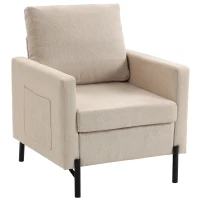 HOMCOM Accent Chair Modern Upholstered Armchair with Side Pockets and Cushion for Bedroom, Living Room, Beige(m-2)