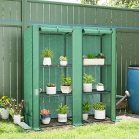 Outsunny Lean-to Greenhouse with 3 Tier Shelves, Mini Greenhouse with 2 Roll-Up Doors for Indoor Outdoor, Green(m-8)