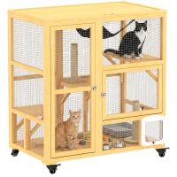 PawHut Cat Condo Wooden Indoor Cat House on Wheels with Cat Flap Door Platforms Hammock Openable Top for 2 Cats, Yellow(m-9)