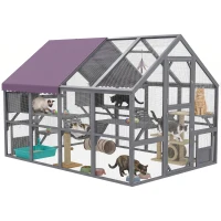 PawHut Outdoor Cat Enclosure Wooden Feral Cat House w/ Weatherproof Canopy, Bridges, Resting Boxes, Platforms, for 3-6 Cats(m-9)