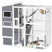 PawHut Large Wooden Catio Outdoor, Cat Enclosure w/ 4 Tier Resting Rooms, 3 Platforms, 1 Soft Ladder, 2 Ramps, 1 Hammock, Gray(m-11)