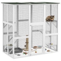 PawHut Large Outdoor Catio Enclosure, Wooden Cat Patio with 6 Balanced Platforms and Asphalt Roof, 70.9" x 38.6" x 70.9", White(m-2)