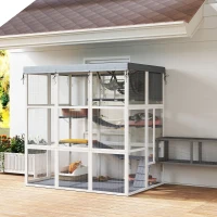 PawHut Large Outdoor Catio Cat Enclosure with Hammock, Condo, Jump Platforms, Ladders, Ramps, Tarp, for 2-4 Large Cats, Gray(m-17)