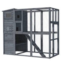 PawHut Large Cat House Outdoor Catio Wooden Feral Cat Shelter, Kitten Enclosure with Door, Cat Condo and Weather Protection Asphalt Roof, 77" L, Gray(m-1)