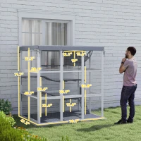 PawHut Large Outdoor Catio Cat Enclosure with Hammock, Condo, Jump Platforms, Ladders, Ramps, Tarp, for 2-4 Large Cats, Gray(m-10)