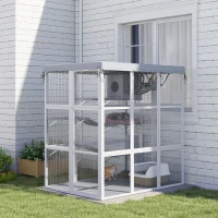 PawHut Large Outdoor Catio Cat Enclosure with Hammock, Condo, Jump Platforms, Ladders, Ramps, Tarp, for 2-4 Large Cats, Gray(m-16)