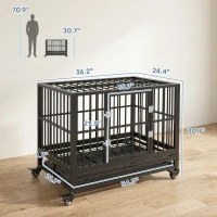 PawHut 36" Heavy Duty Dog Crate Metal Cage Kennel with Lockable Wheels, Double Door and Removable Tray, Gray(m-3)