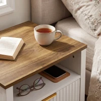 HOMCOM Modern Nightstand with 2 Fluted Drawers, Bedside Table with Open Storage Shelf, Anti-tipping Design, White and Walnut(m-9)