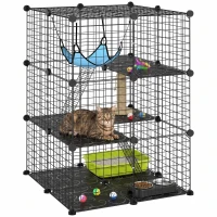 PawHut 3 Tier Cat Cage Crate, DIY Pet Playpen with 3 Doors, Ladders, Hammock, Platforms, Indoor Playpen for Kittens, Black(m-9)
