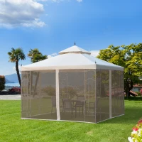 Outsunny 10' x 10' Steel Outdoor Patio Gazebo Canopy with Removable Mesh Curtains, Display Shelves, & Steel Frame, Beige(m-1)