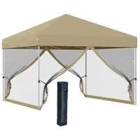 Outsunny 10' x 10' Pop-Up Party Tent UPF50+ Outdoor Canopy Tent with Mesh Sidewalls, 3-Level Adjustable Height, Roller Bag, Khaki(m-9)