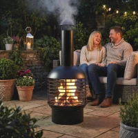 Outsunny Outdoor Fire Pit, Portable Wood Burning Firepit with Poker, Charcoal Grid, Modern Chimney Design Fireplace, Black(m-1)