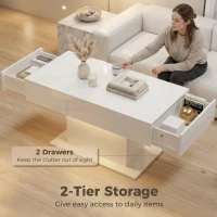 HOMCOM LED Coffee Table with Storage, High Gloss Modern Center Table with 2 Drawers and Remote Control for Living Room, White(m-6)