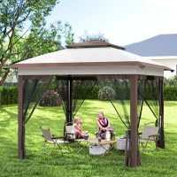 Outsunny 12' x 12' Pop Up Canopy Sun Shade Instant Tent Folding with Mesh Sidewalls, Beige and Dark Brown(m-8)