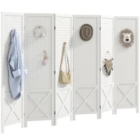 HOMCOM 56.9" 6 Panel Wooden Room Divider with Pegboard Display, Folding Privacy Screen for Home Office, White(m-2)