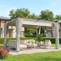 Outsunny 10' x 13' Pergola with Retractable Canopy and Curtains, UPF30+ Sun Shade Shelter for Grill, Garden, Backyard, Deck(m-1)