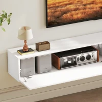 HOMCOM 71" Floating TV Stand for TVs up to 72 Inch, Wall Mount Media Console with 2 Fluted Flip-Down Doors, Cable Hole, White(m-9)