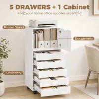 HOMCOM File Cabinet on Wheels Mobile Printer Stand with 5 Drawers for Home Office White(m-4)