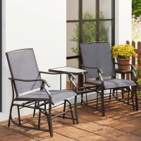 Outsunny Double Patio Glider Chair with Glass Top Center Table, Outdoor Glider Loveseat with High Back,  All Weather Breathable Mesh Fabric for Garden, Backyard, Deck, Grey(m-10)
