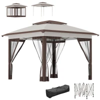 Outsunny 12' x 12' Pop Up Canopy Sun Shade Instant Tent Folding with Mesh Sidewalls, Beige and Dark Brown(m-9)