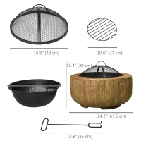 Outsunny Outdoor Fire Pit, 24 Inch Metal Wood Burning Fireplace with Spark Cover, Poker, Woodgrain Design, Light Brown(m-3)