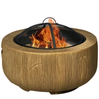Outsunny Outdoor Fire Pit, 24 Inch Metal Wood Burning Fireplace with Spark Cover, Poker, Woodgrain Design, Light Brown(m-9)