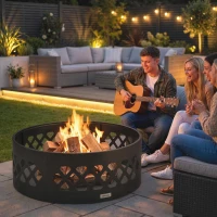 Outsunny 36" Outdoor Fire Pit, Portable Bottomless Fire Ring with Poker, Wood Burning Firepits, Black(m-8)