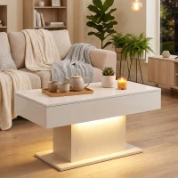 HOMCOM LED Coffee Table with Storage, High Gloss Modern Center Table with 2 Drawers and Remote Control for Living Room, White(m-1)