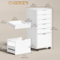 HOMCOM File Cabinet on Wheels Mobile Printer Stand with 6 Drawers for Home Office White(m-3)
