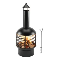 Outsunny Outdoor Fire Pit, Portable Wood Burning Firepit with Poker, Charcoal Grid, Modern Chimney Design Fireplace, Black(m-9)