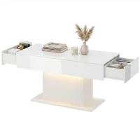 HOMCOM LED Coffee Table with Storage, High Gloss Modern Center Table with 2 Drawers and Remote Control for Living Room, White(m-2)