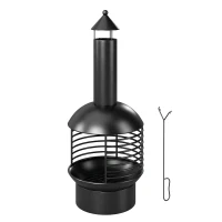 Outsunny Outdoor Fire Pit, Portable Wood Burning Firepit with Poker, Charcoal Grid, Modern Chimney Design Fireplace, Black(m-2)