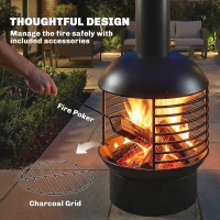 Outsunny Outdoor Fire Pit, Portable Wood Burning Firepit with Poker, Charcoal Grid, Modern Chimney Design Fireplace, Black(m-6)