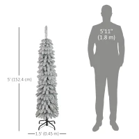 HOMCOM 5ft Snow-Flocked Artificial Christmas Tree, Slim Pencil Xmas Tree with 301 Realistic Branches, Metal Base, Green(m-3)