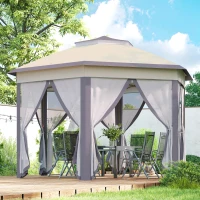 Outsunny 13' x 13' Pop Up Canopy Tent with Netting and Carry Bag, Instant Sun Shelter, Hexagon Tents for Parties, Outdoor, Garden, Patio, Coffee and Beige(m-8)