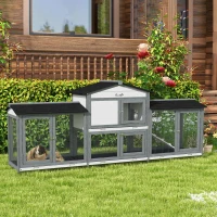 PawHut 90.5" Wooden Rabbit Hutch Bunny Cage Pet Playpen House Enclosure with Double Side Run Boxes, No Leak Tray, Ramp, for Rabbits, Chickens, Ducks, Guinea Pig and Small Animals, Light Gray(m-3)