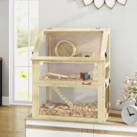 PawHut Wooden Hamster Cage, 3 Tier Gerbil Cage with Deep Bottom, Hut, Seesaw, Exercise Wheel, Ramps, 24" x 16" x 29.5"(m-1)