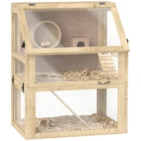 PawHut Wooden Hamster Cage, 3 Tier Gerbil Cage with Deep Bottom, Hut, Seesaw, Exercise Wheel, Ramps, 24" x 16" x 29.5"(m-9)