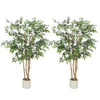 HOMCOM 5FT Artificial Banyan Tree Set of 2, Fake Potted Tree with Solid Wood Trunk and Pot for Indoor(m-9)