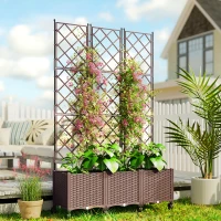 Outsunny Plastic Raised Garden Bed with Trellis, Self Watering Planter Box with Wheels, Drainage Holes and Plugs(m-1)