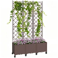 Outsunny Plastic Raised Garden Bed with Trellis, Self Watering Planter Box with Wheels, Drainage Holes and Plugs(m-9)